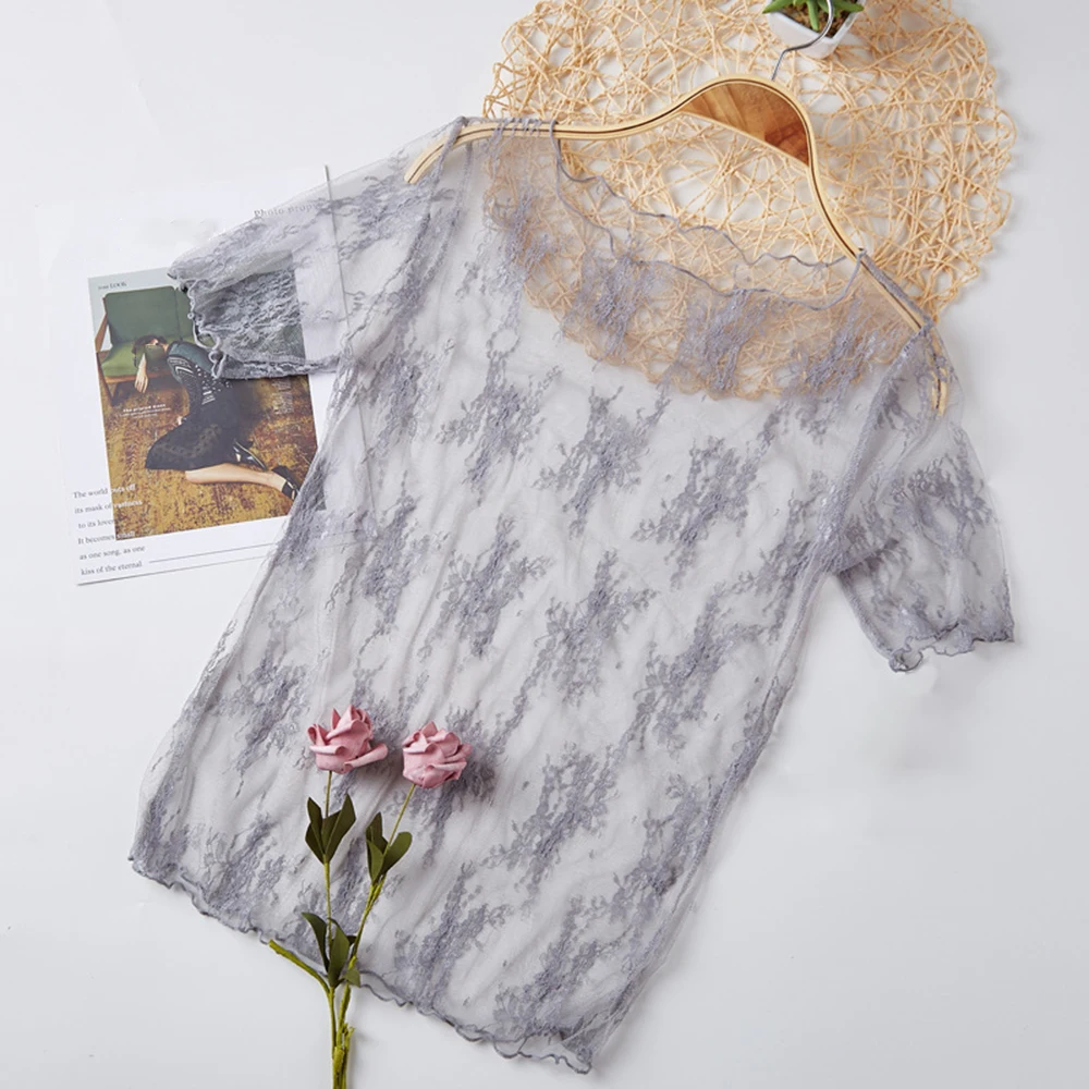 Women Solid Color Lace Hollow Mesh Short Sleeve Top Summer Casual Vacation Beach Yoga Regular Length Polyester Blouse Shirt