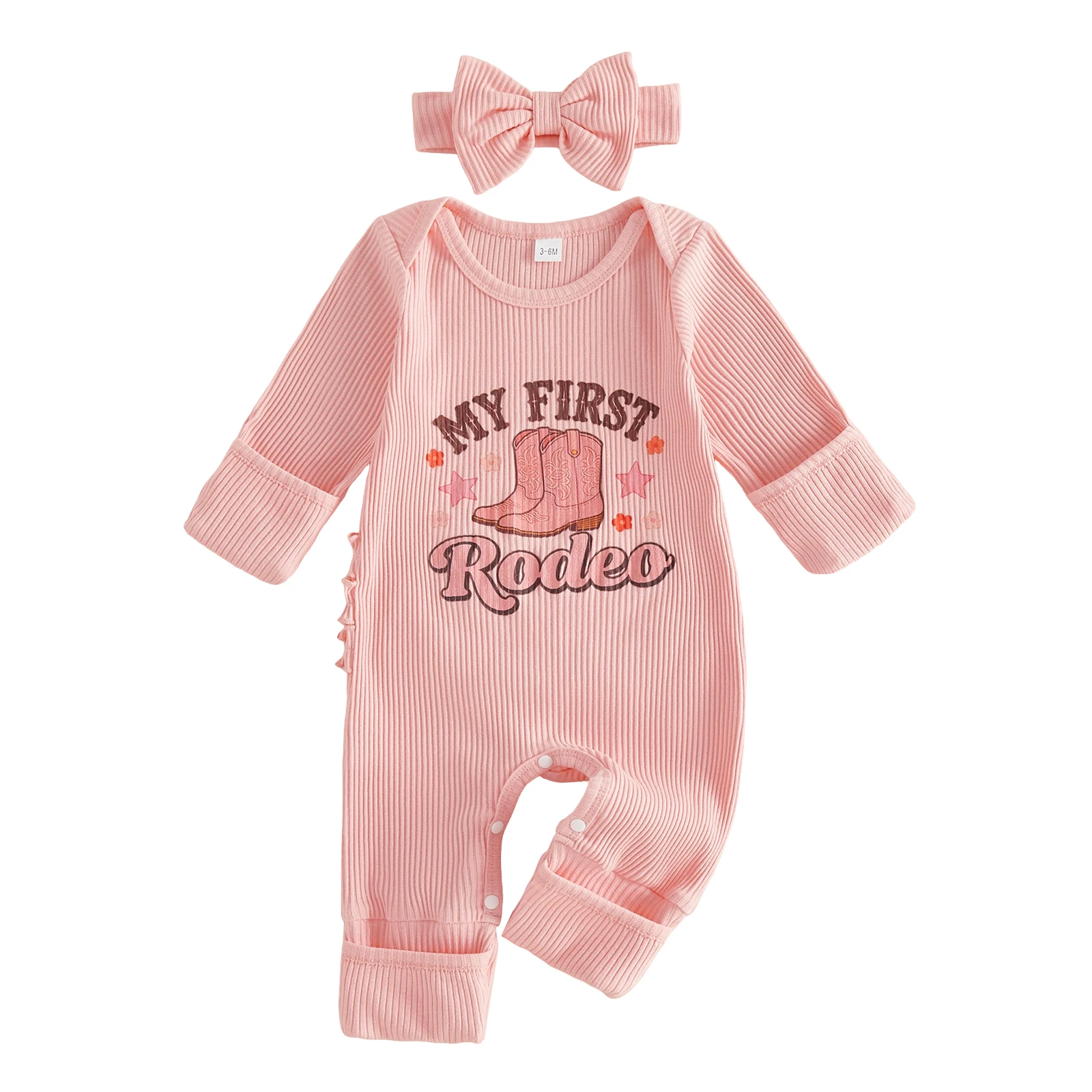 Baby Girl 2Pcs Fall Outfits Western Long Sleeve Round Neck Boots Print Jumpsuit with Headband Set