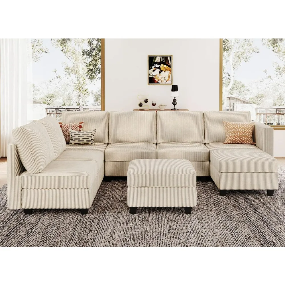 Oversized Modular Couch with Storage Ottoman Corduroy Sectional Couch with Chaise Convertible Modern Sectional Sofa Couch Beige