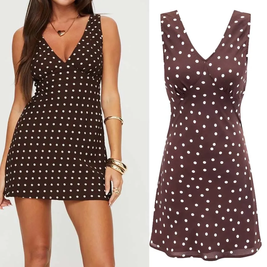 

Женское сексуальное платье в горошек с глубоким V-образным вырезом и А-образным силуэтом, повседневное, из регенерированного полиэфирного волокна