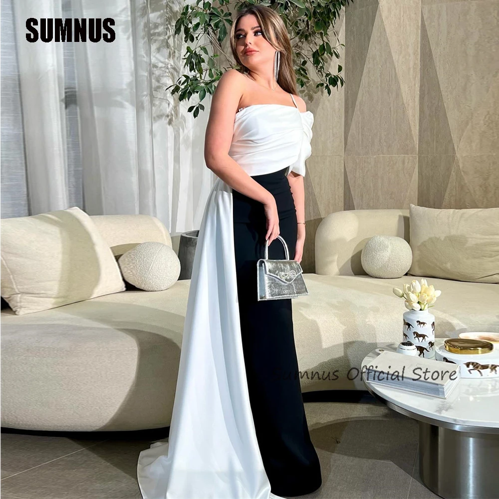 SUMNUS-Vestidos de noite sereia fora do ombro em preto e branco, cetim spandex, vestido de casamento árabe saudita, vestido formal elegante de Dubai