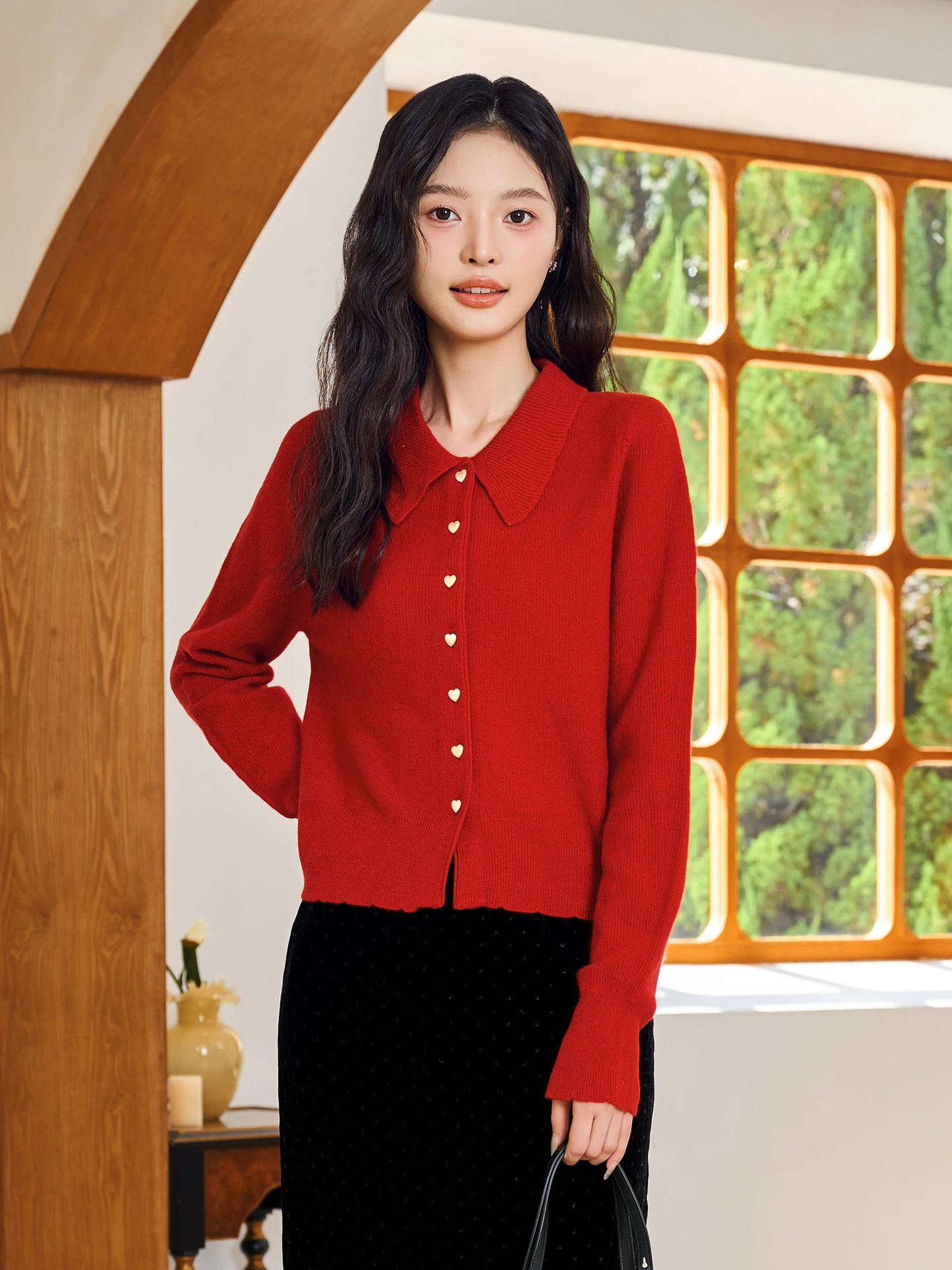 

Fay Romantic Red Knitted Cardigan Women's Winter New Sle Metal Bule Decoration Skin-friendly Fabric Long Sve Square Co...