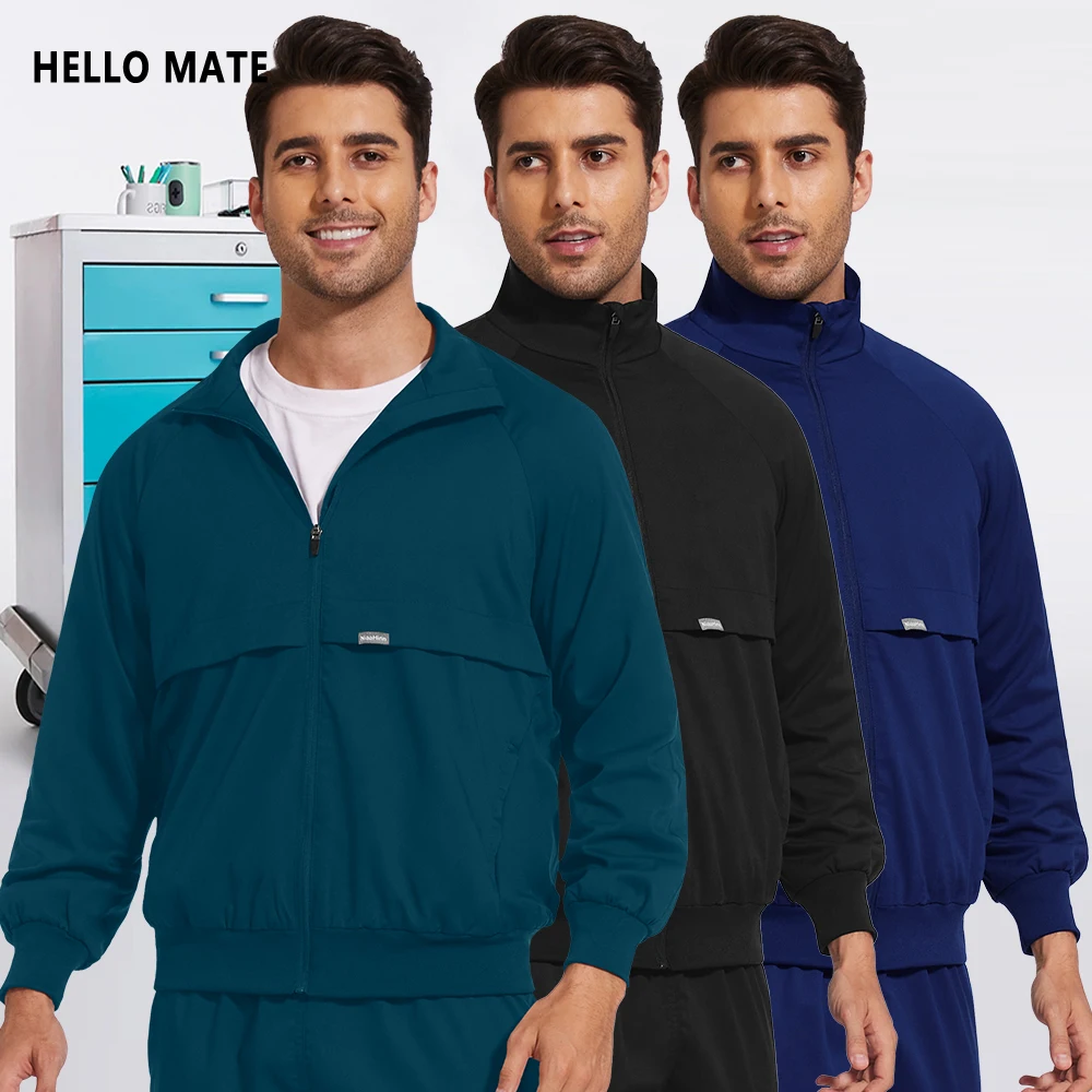 

Unisex Azure blue Black Long Sleeve Coat Hospital NurseUniform Lab Pharmacy Work Jacket Doctor Scrub Top Dental Dentist Workwear