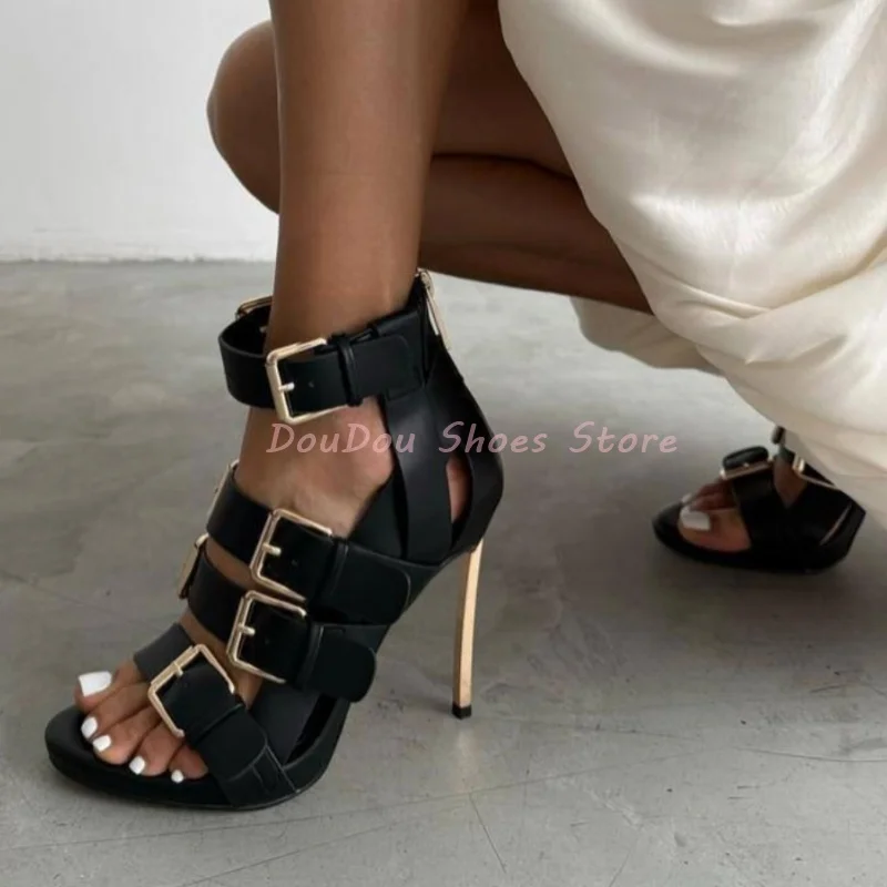 Black Belt Buckle Open Toe Metal Heel Stiletto Sandals Women Hollow Back Zipper High Heels Fashion Trendy Summer Shoes New Style view 3