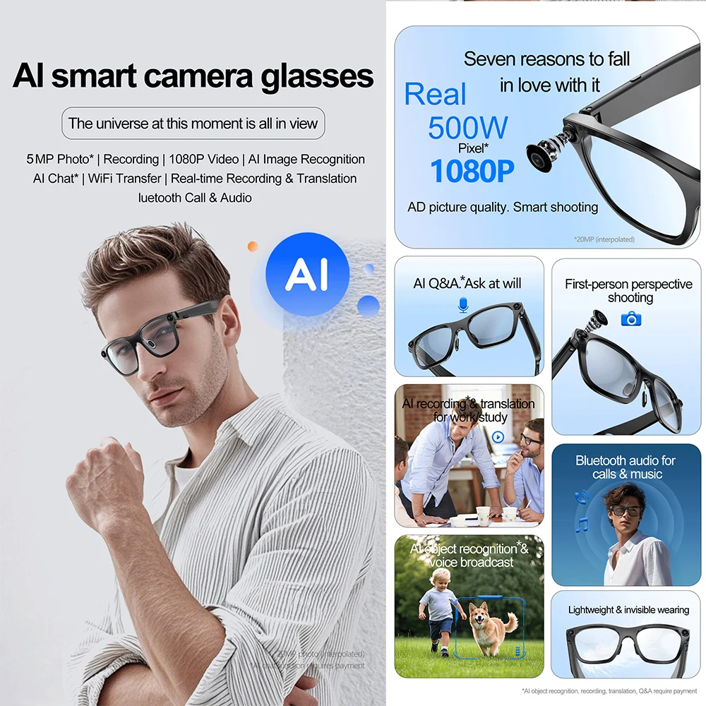 Okulary z inteligentną kamerą S336 AI, prawdziwa kamera 5MP, wideo 1080P, rozpoznawanie rozmów AI, transfer WIFI, połączenia Bluetooth, inteligentne okulary do robienia zdjęć AI.
