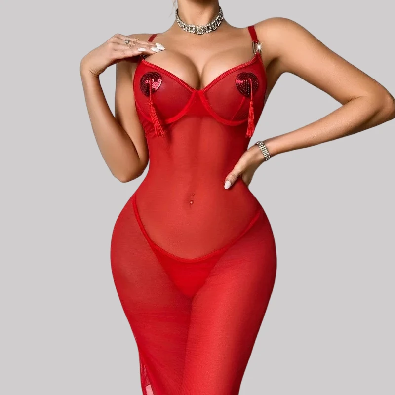 

Tornova Red Lace See-through Hollow Out Sexy Interesting Night Skirt Slim Backless Plunge Knitting Sexy Mesh Bodycon Dress Set