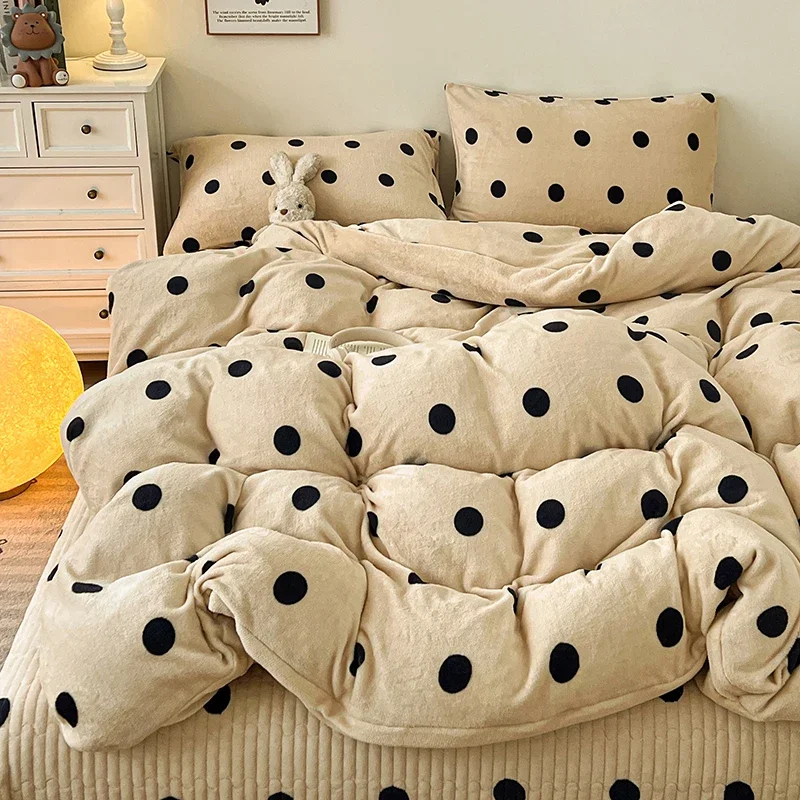 Polka Dot Milk Velvet Duvet Cover Thick Plush Warm Winter Comforter Cover Queen King Size Soft Cozy Quilt Cover and Pillowcases