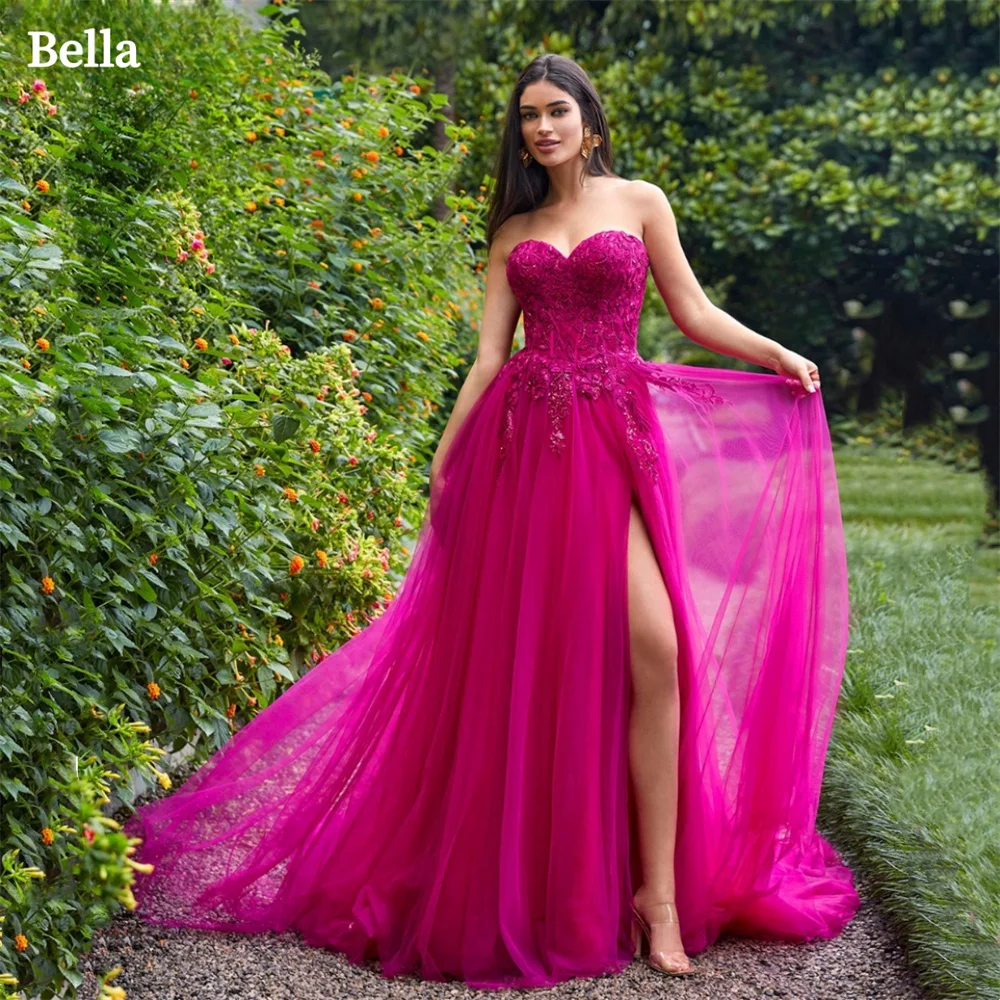 

Bella Red Tulle Prom Dresses Strapless A-line Wedding Dress Elegant Sleeveless Floor-Length Side Split Vestidos De Fiesta 2024