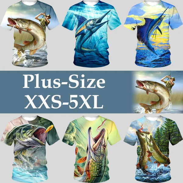 Summer Fishing Enthusiasts 3D Printed Fish Pattern T-shirt Ferocious Fish Short-sleeved Fishing T-shirt