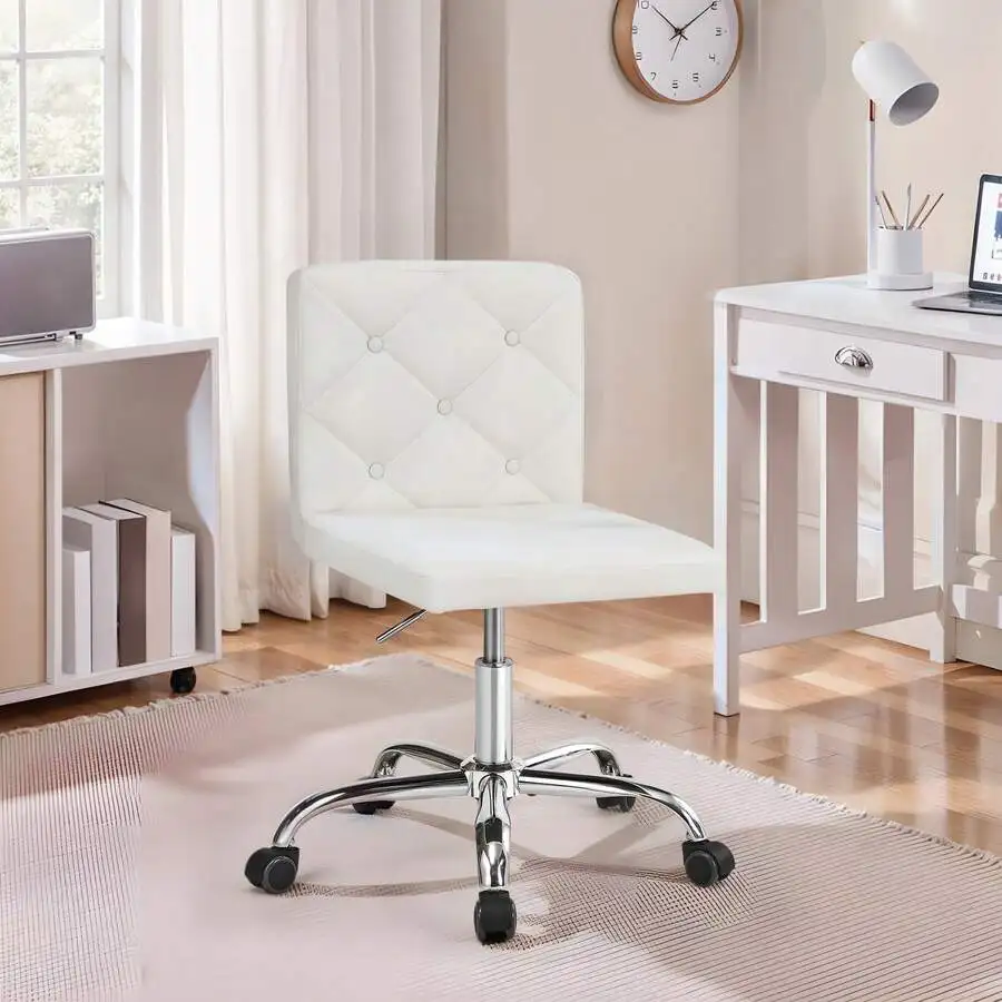 Leather Mid-Back Armless Dressing Chair Office Chair Adjustable Height 360 °     Rotation Suitable For Home Office,White