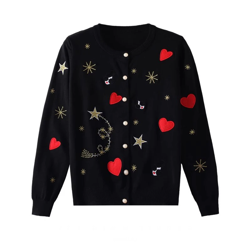 

Spring Fall Knitwears Embroidery Cardigan Sweater Cute Star Love Heart Sweet Knitted Tops Korean Fashion Long Sleeve Women Coat
