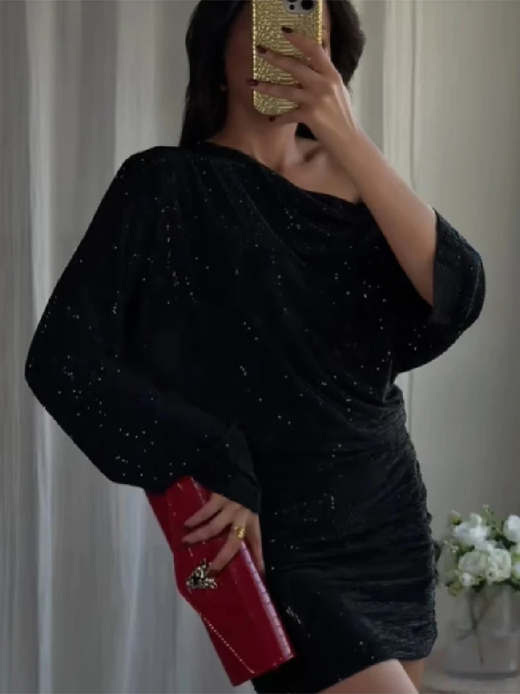 Women Fashion Shiny Rhinestone Short Dress Casual Long Sleeve One-piece Collar Waist Cinch Skirt New Commute High Street Outfit