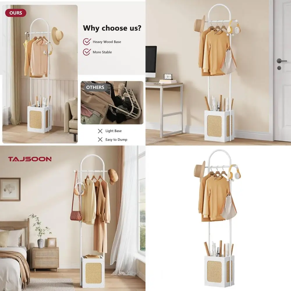 

Wooden Coat Rack with Storage Basket, 6-Hook Tree Stand for Living Room, Bedroom, or Office, White