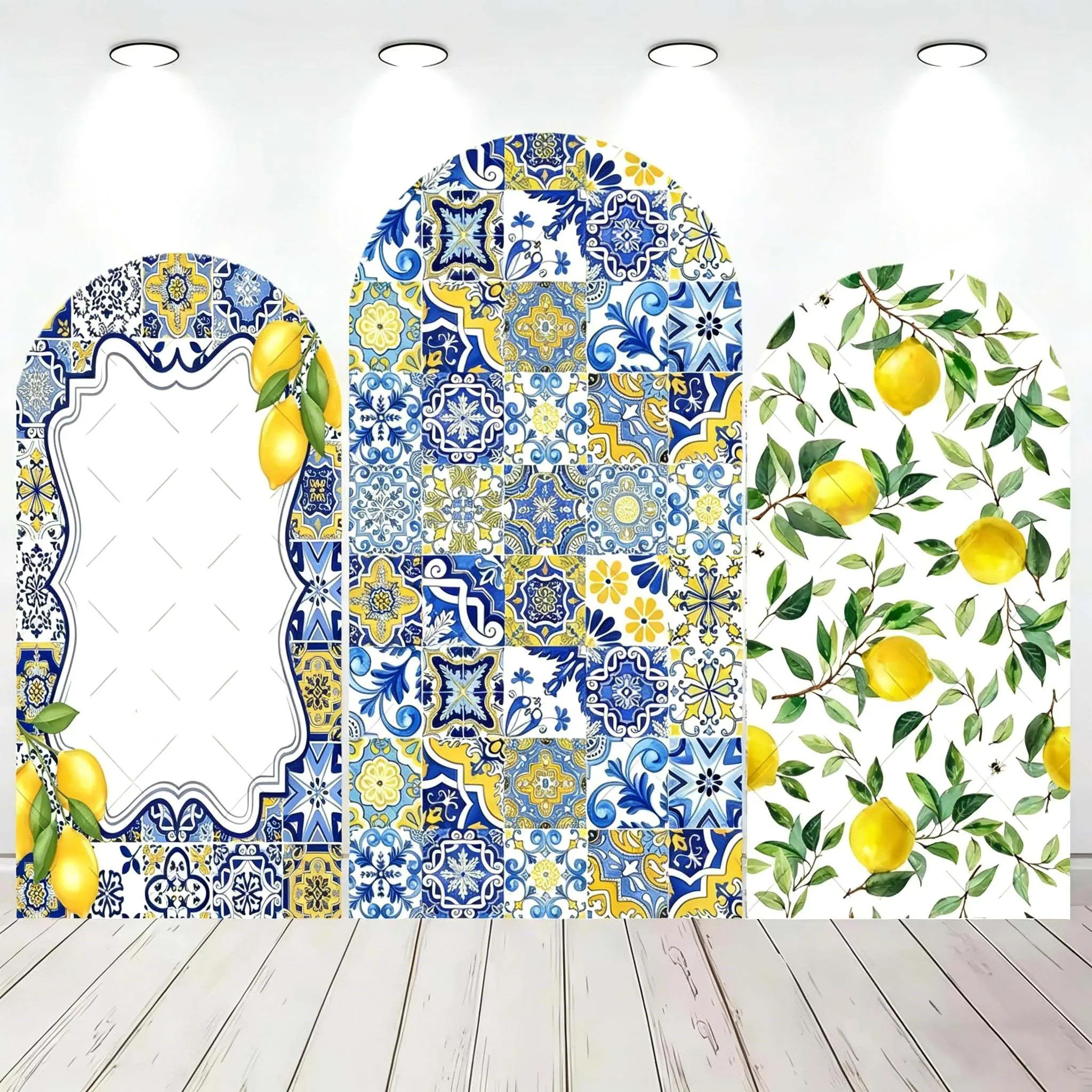 Toile de fond personnalisée à deux faces, motif marocain méditerranéen arqué, avec citronniers, pour baby shower, anniversaire, mariage, décoration de fête