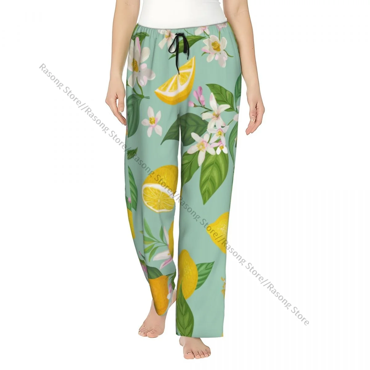 

Plant Fruit Lemon Floral Flannel Pajama Pants for Women Soft Warm Sleep Pants with Elastic Waistband