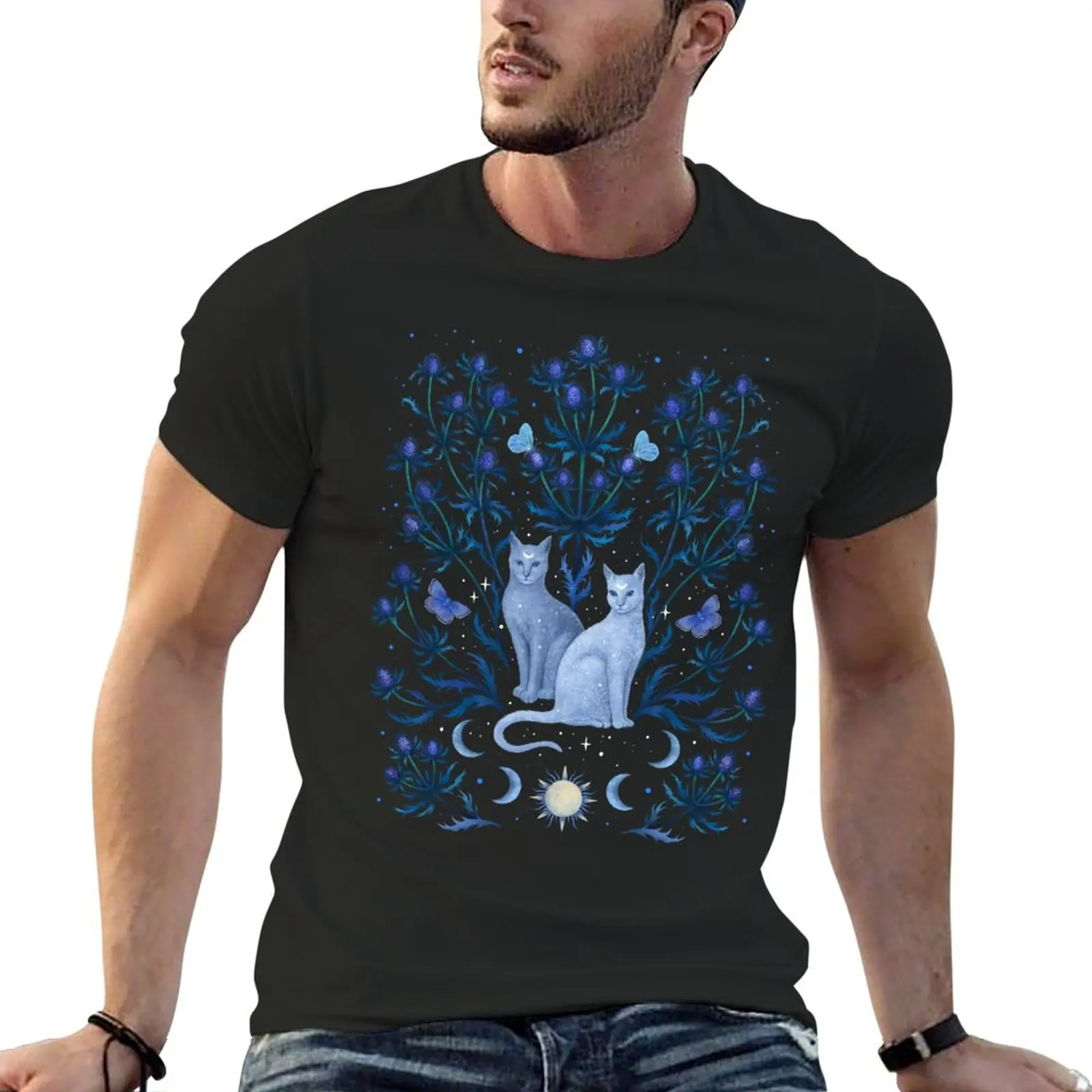 New Blue Thistle and Cat T-Shirt custom t shirt hippie clothes Tee shirt T-shirt short men clothings