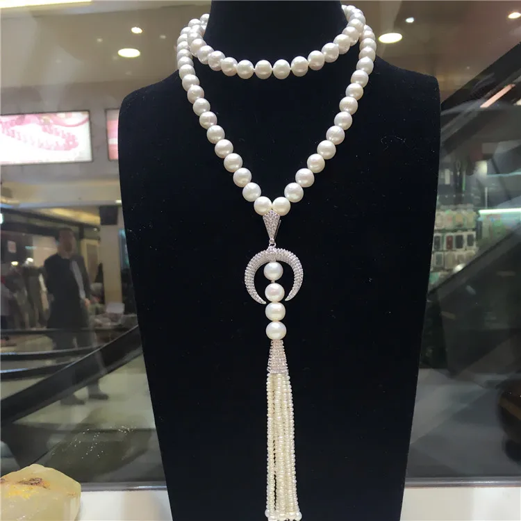 Hot sell new super - American 9-10mm natural white freshwater pearl necklace long sweater chain micro zircon fashion jewelry