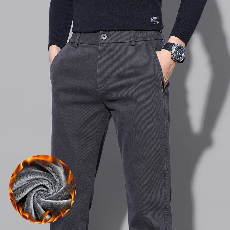 Brand Fleece Pants Forr Men Winter New Warm Cotton Elastic Waist Korean Fashion Twill Straight Plush Trousers Male