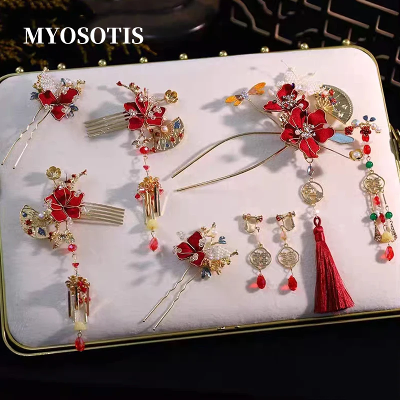 

Elegant Chinese Jewelry Beaded Wedding Headdress Earrings Costume Red Flowers Hairpins Tassels Hanfu Bridal Hair Accessories