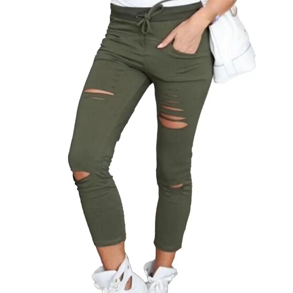 

2024 Cargo Pants Women Fashion Slim High Waisted Stretchy Skinny Broken Hole Pencil Pants Solid Color Streetwear Trousers Womens