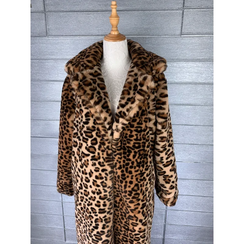 Faux Fur Coat with Leopard Pattern, Long Plush Coat, Warm Suit Collar, Casual Fashion, Winter