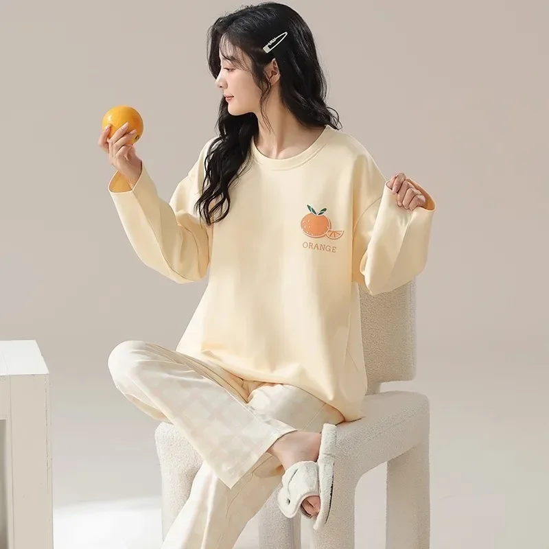 

Fall and Winter Women‘s Plus Size Pajamas Long Sleeve Trousers Student Loungewear Two-Piece Set of Orange Ladies Sleepwear