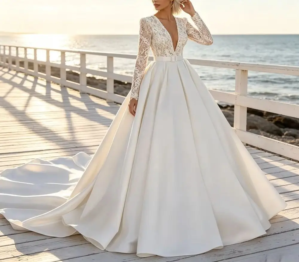 Customized Deep V-neck Lace Corset Satin Wedding Dresses 2026 New Long Sleeves and Ruffled Edges Fluffy and Elegant Bridal Gown