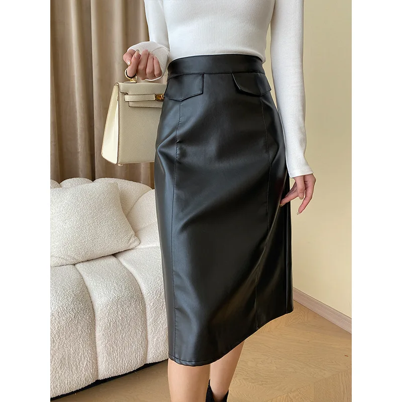 test only test only Simple fashionable tone early autumn French style stand cut high waist A- line leather skirt slimming