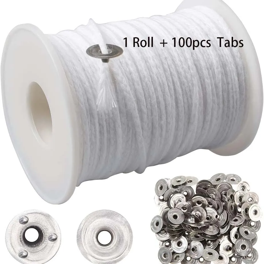 1 rolle Kerze Baumwolle Dochte + 100 stücke Metall Kerze Docht Sustainer Tabs Für Handgemachte Kerze DIY Handwerk Machen Kit set Zubehör – Detail 3