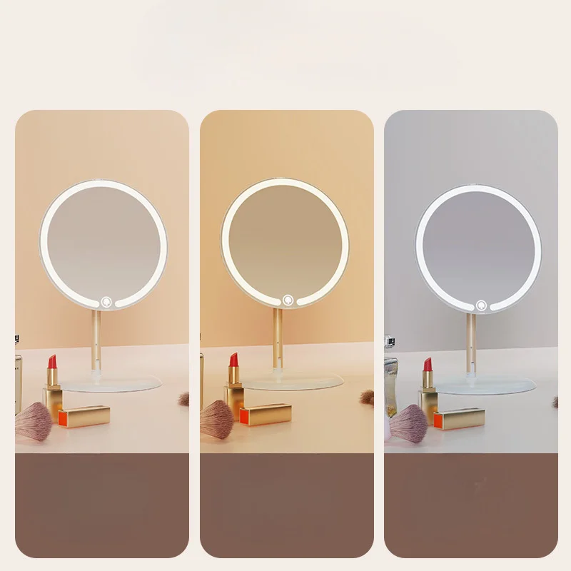Portable desktop LED makeup mirror, infinite tone 3 color temperature, 90 degrees rotation, button button light-perfect travel