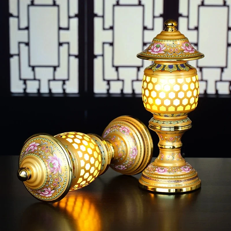 LED Tang Pattern Enshrined Eternal Light Enamel Lotus Lamp Buddha Statue Plug in Lotus Lamp for Worship Home Buddhist Ornaments
