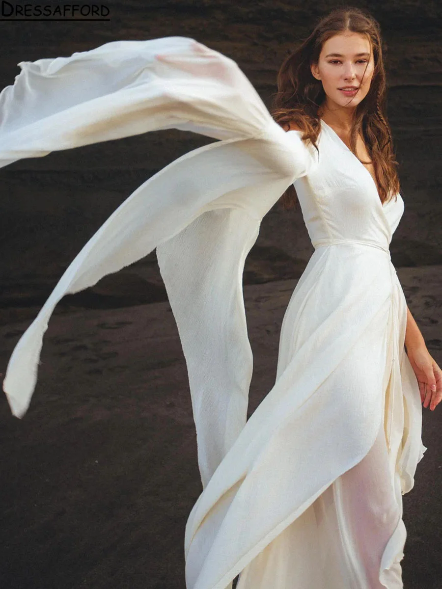 Vestido de novia de gasa con cuello en V, traje bohemio con espalda descubierta, corte en A, manga sin mangas, Sexy