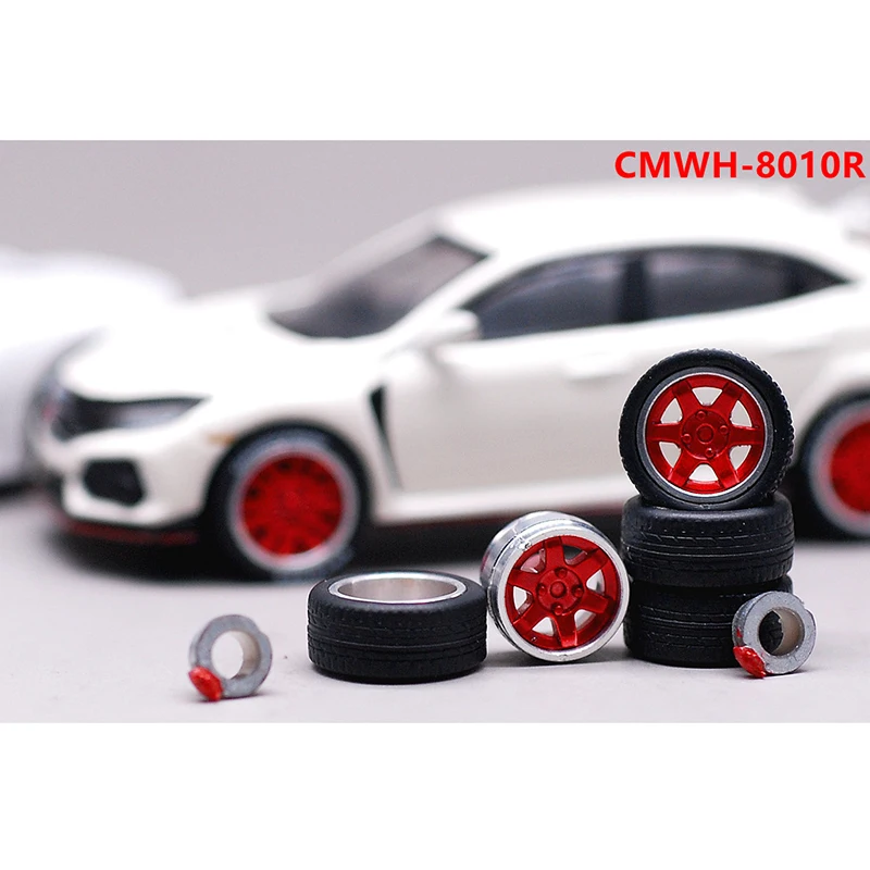 CM Model 1/64 Replace Modified Parts Metal Wheels Rubber Tires Design Rims JDM Style for Model Car Vehicle 4pcs Set