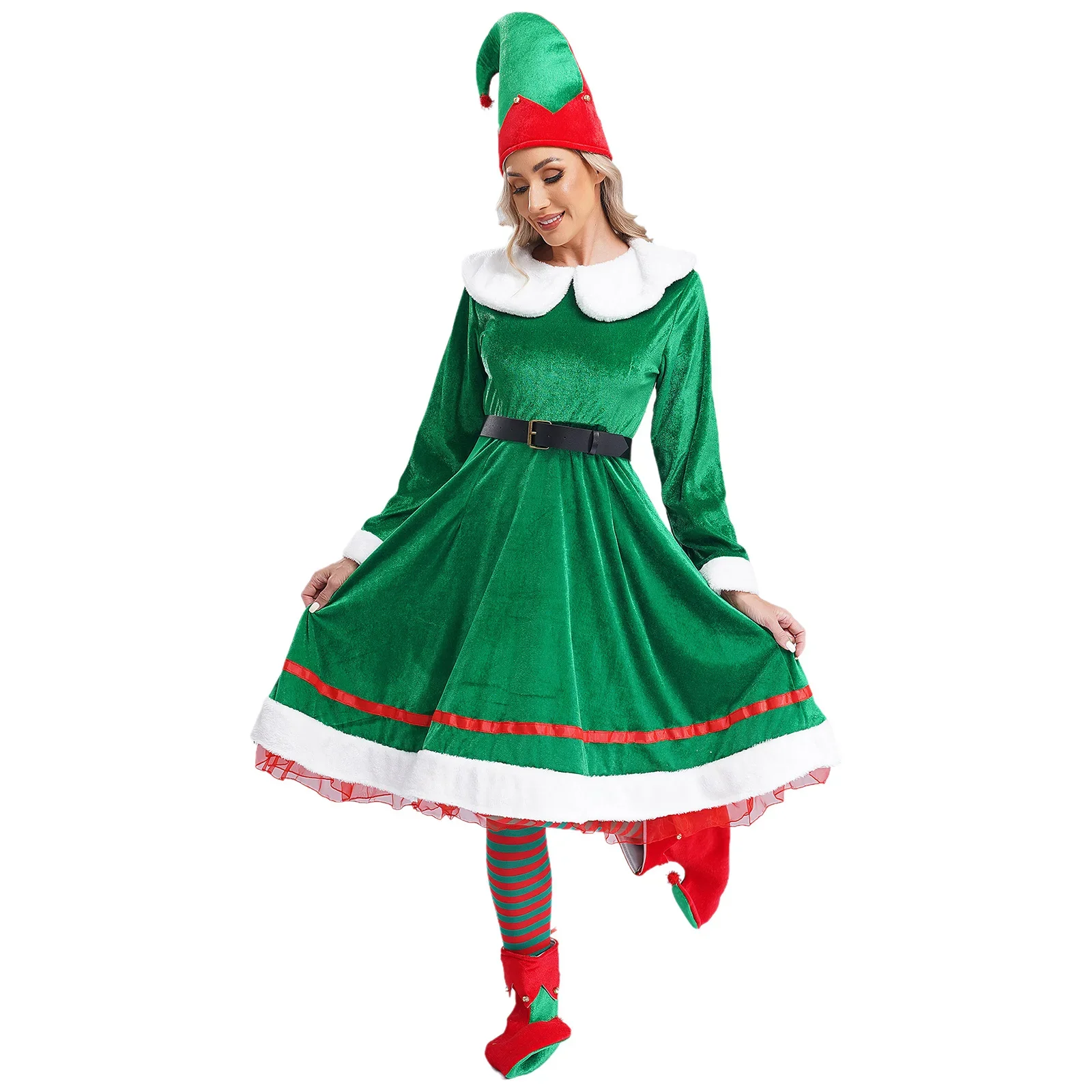 Womens Christmas Elf Cosplay Costume Flannel Dress with Hat Shoes Belt Stockings Set Carnival Festival New Year Party Dress Up