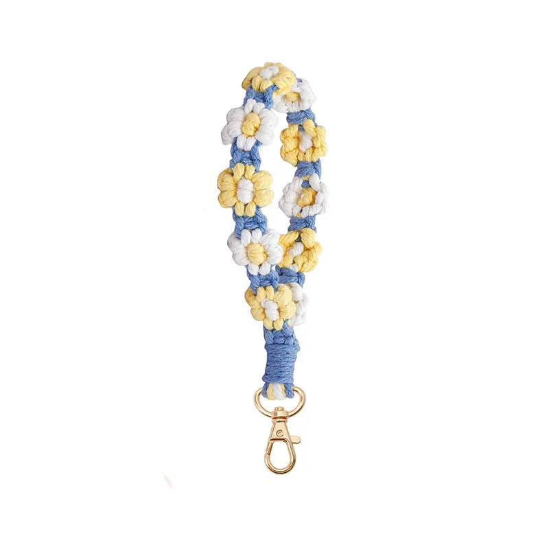 Bohemia Flower Handmade Woven Phone Chain Keychain for Women Vintage Colorful Daisy Floral Key Ring Bag Pendant Wrist Strap
