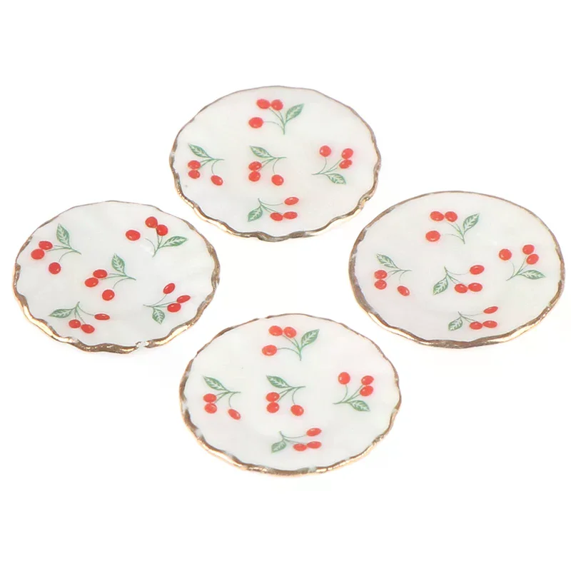 4Pcs 1:12 Dollhouse Miniature Cherry Dishes Plate Tableware Set Mini Kitchen Food Play Doll House Accessories Toys