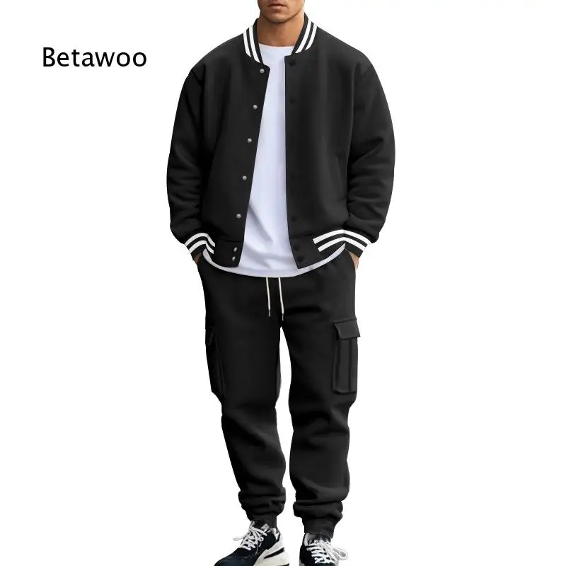 Men Stand Collar Baseball Jacket Pants Set Fleece Lined Loose Fit Sports Outfit for Spring Autumn Street Daily Wear