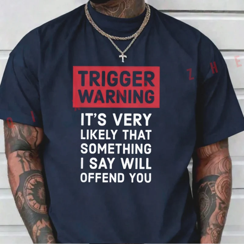 2026 Men T Shirt Funny TRIGGER WARNING Print Motorcycle T-Shirt Cotton Men‘s Summer Short Sleeve Tops Tee