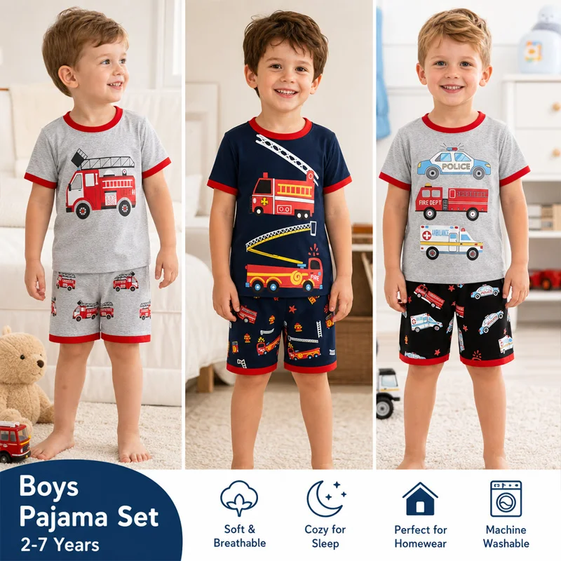 Little Hand Boys Pure Cotton Short Sleeve Pajama Set Cartoon Fire Truck Ambulance Print Summer Loungewear Sleep Suit 2-7Toddler