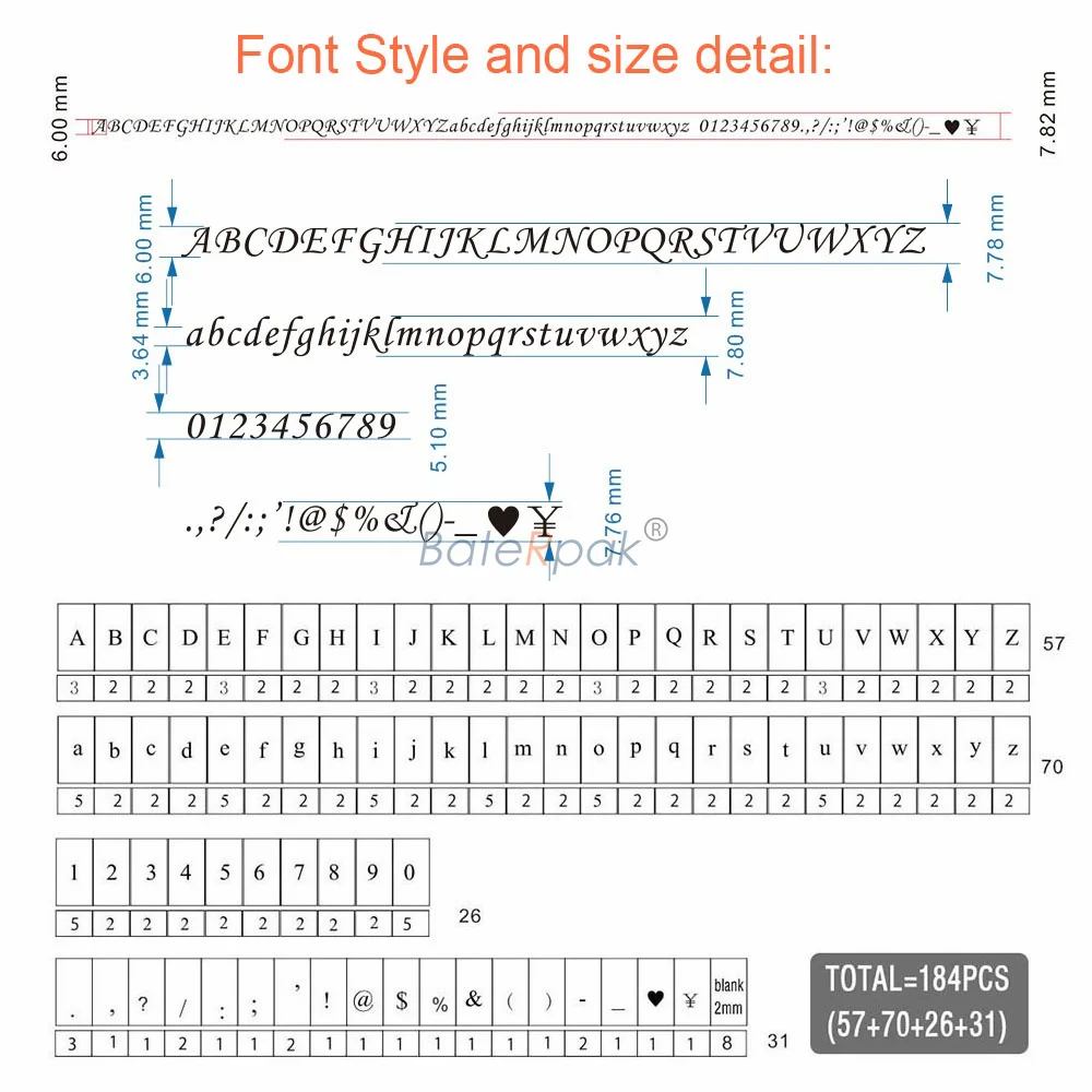 BateRpak Italic Leathercraft Embossing T type  Stamping Brass Letters,184pcs/set Number/Alphabet,based on \