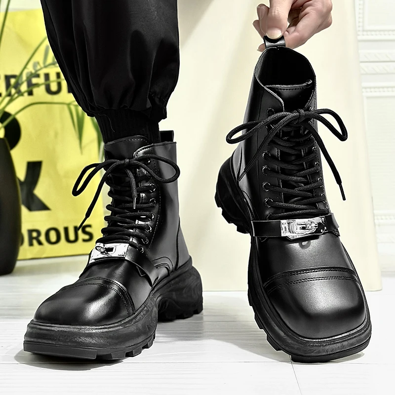 Black Non-slip Outdoor Boots for Men Spring and Autumn Lace-up Short-tube Platform Men's Shoes Trendy PU Leather Men Ankle Boots