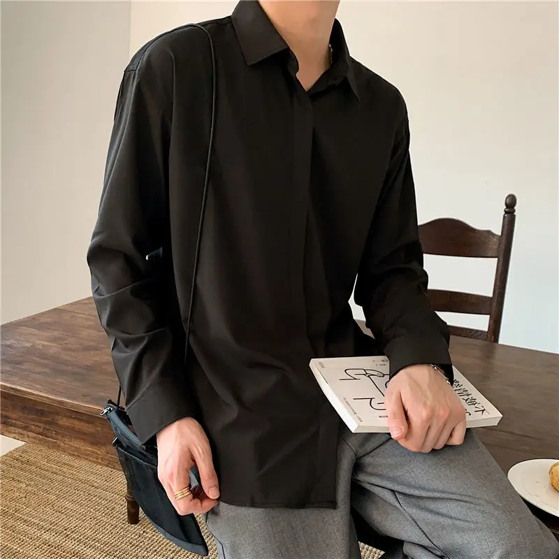 Korean New Men Clothing Drape Shirts for Men Solid Color Lapel Long Sleeve Ice Silk Business Casual Buttons Men Silk Shirt