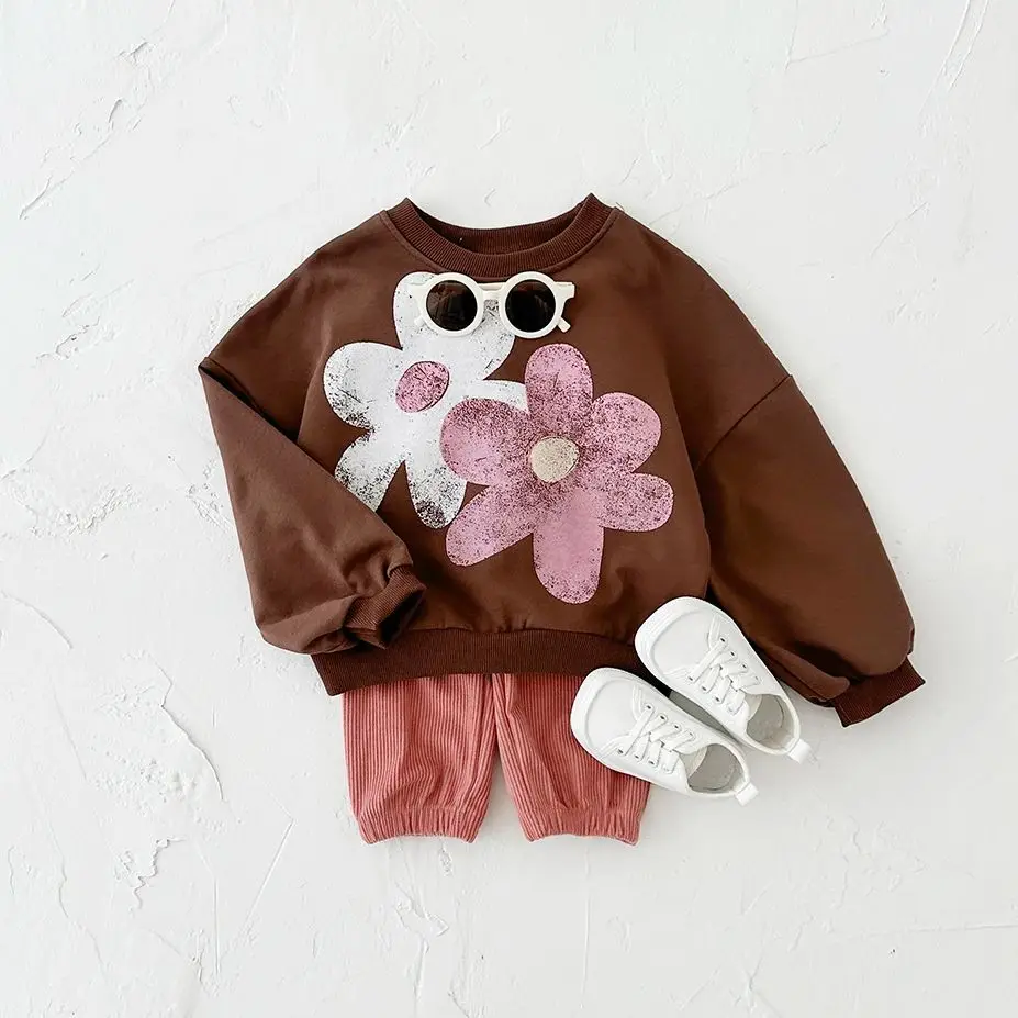 Ins Baby Clothes 2PCS Girl Infant Flower Printed Spring Autumn Baby Girl Long Sleeve Top+Pants Corduroy Casual Children Clothing