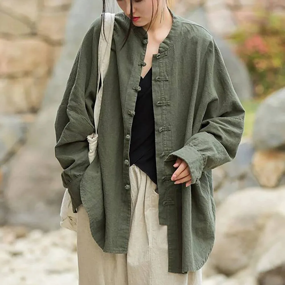 

Women Chinese Style Linen And Tops Stand Long Sleeve Blouses 2025 Spring New Solid Color Button Vintage Shirts