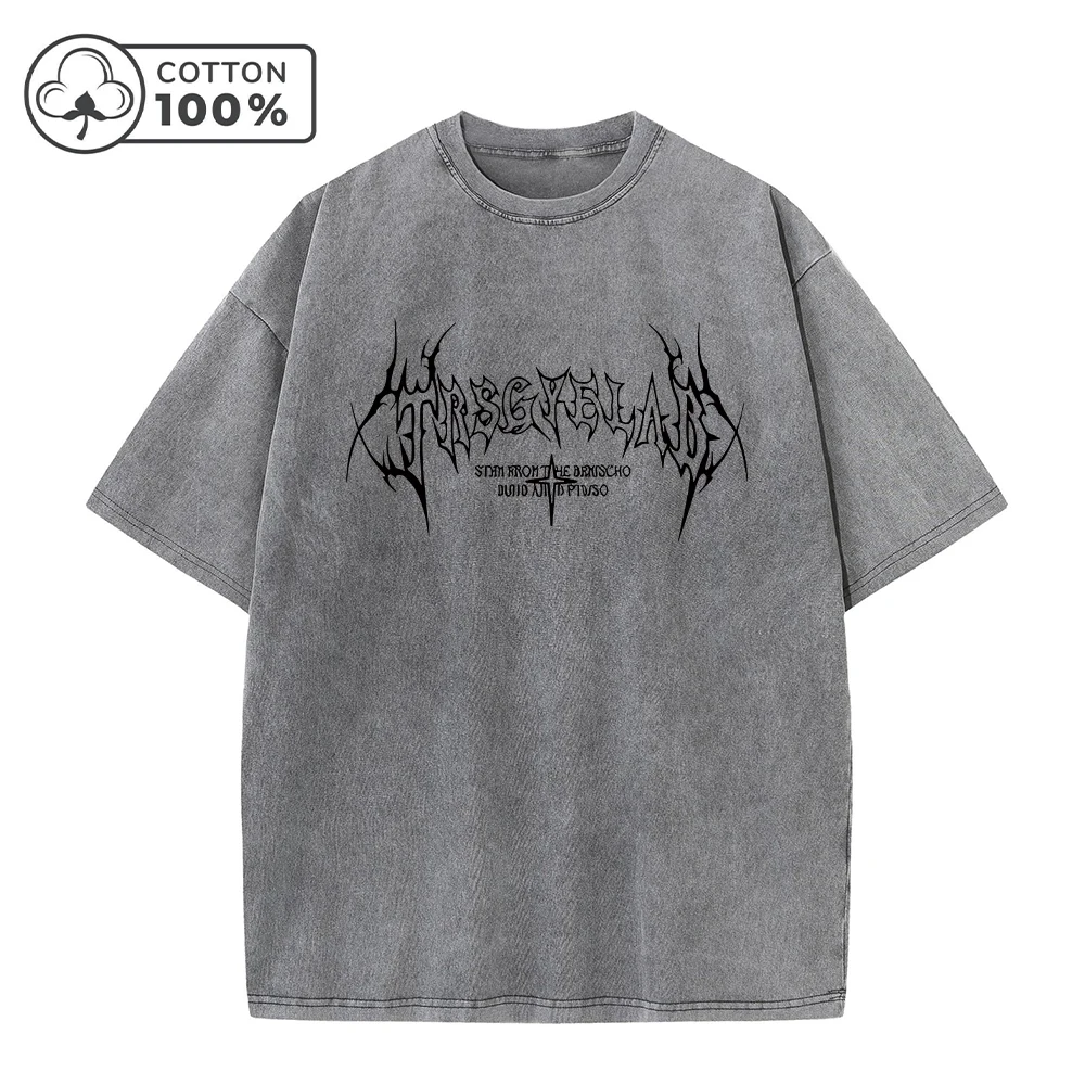 Men's Retro Distressed Washed T-Shirt Pure Cotton Loose Fit Casual Short Sleeve Dark Gothic Text Print Stylish Commuter Top