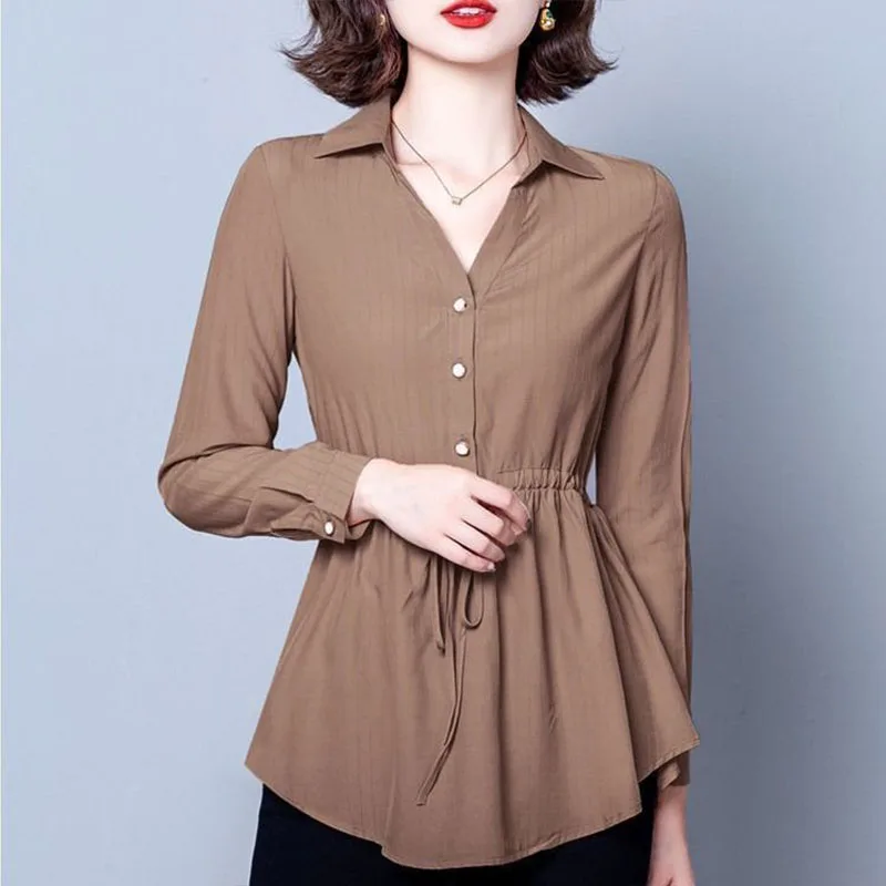 Spring Autumn Long Sleeve Polo-Neck Office Lady Waist Lacing Pullovers for Women Shirt Solid Color All-match Blouses Tops 2023