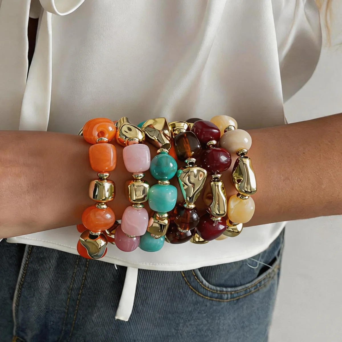 Irregular Square Colorful Acrylic Beads Bracelet Bangles for Women Geometric Elastic Bracelets Accessories Couple Jewelry Gifts