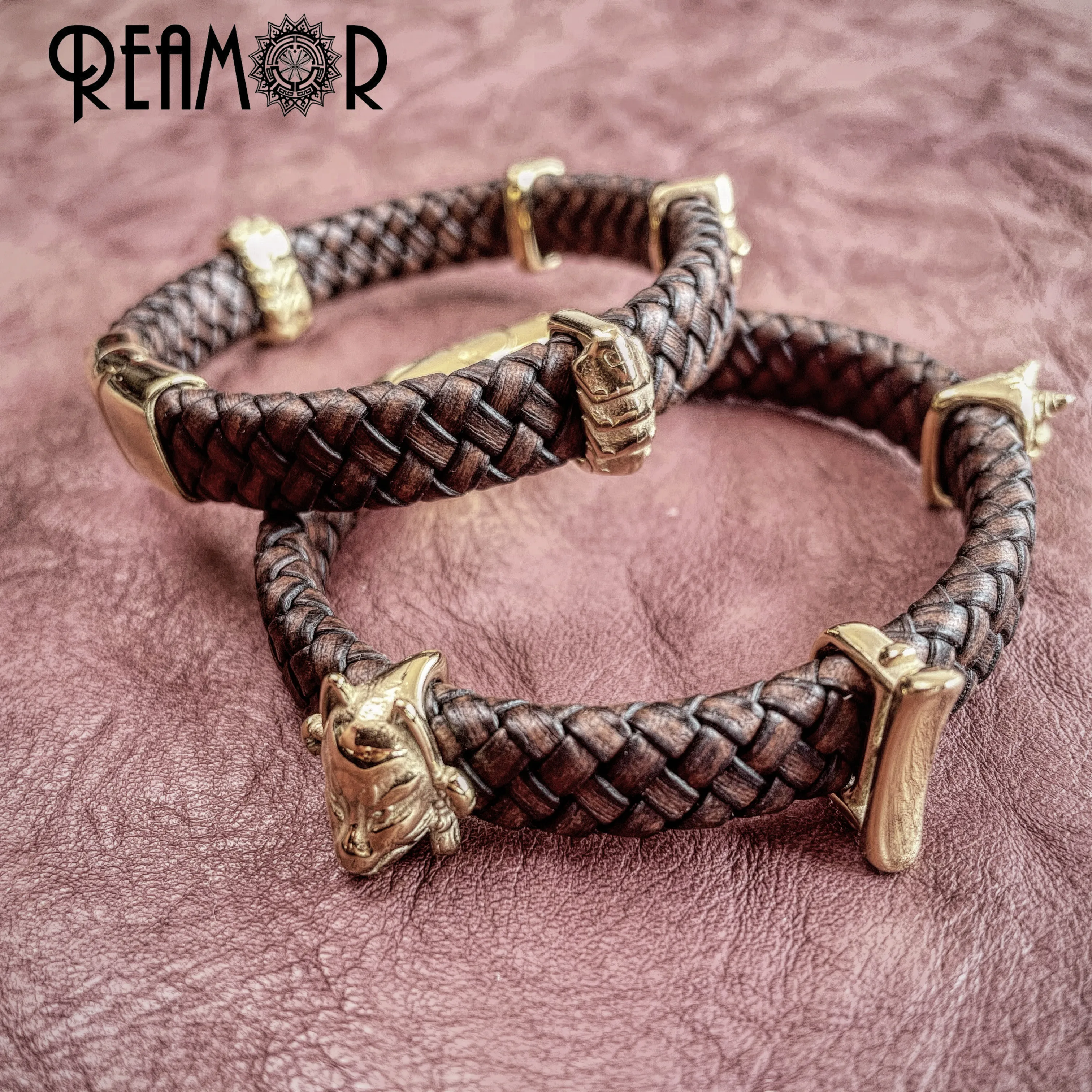 REAMOR Gold Color Ninja Style Stainless Steel Kitsune Mask Charms Bangles Braided Genuine Leather Armor Bracelets For Men