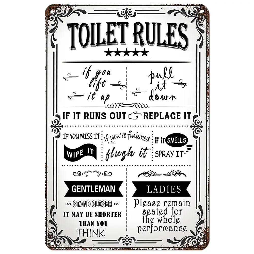 VOTHI Funny Toilet Rules Metal Tin Sign,Farmhouse Bathroom wall decor,restroom sign,Bathroom Wall Decor 12x8 Inch (Toilet rules)