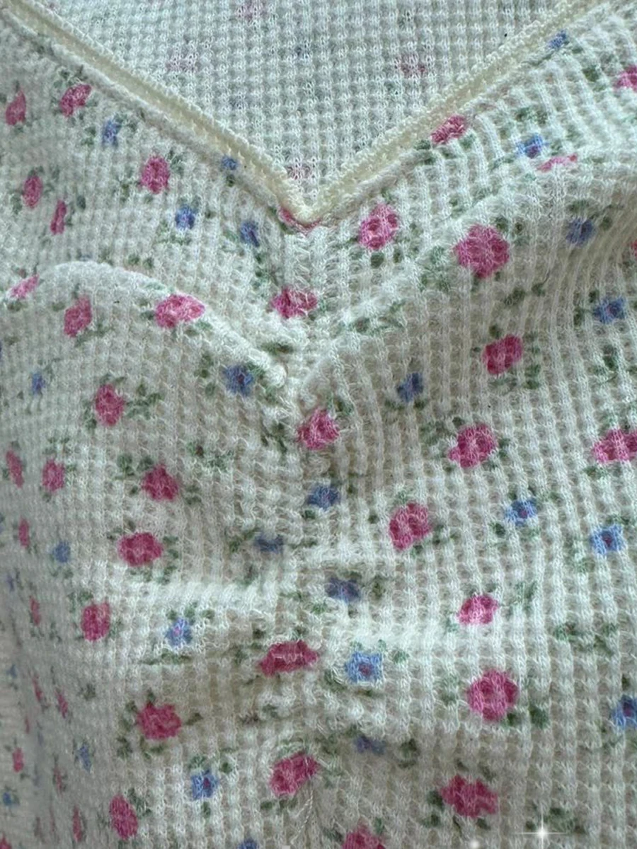Pink Floral Waffle Tank Top Women Summer Bow Lace Trim V Neck Sleeveless Camisole Casual Vintage Sweet Cropped Vest Y2k New 2025